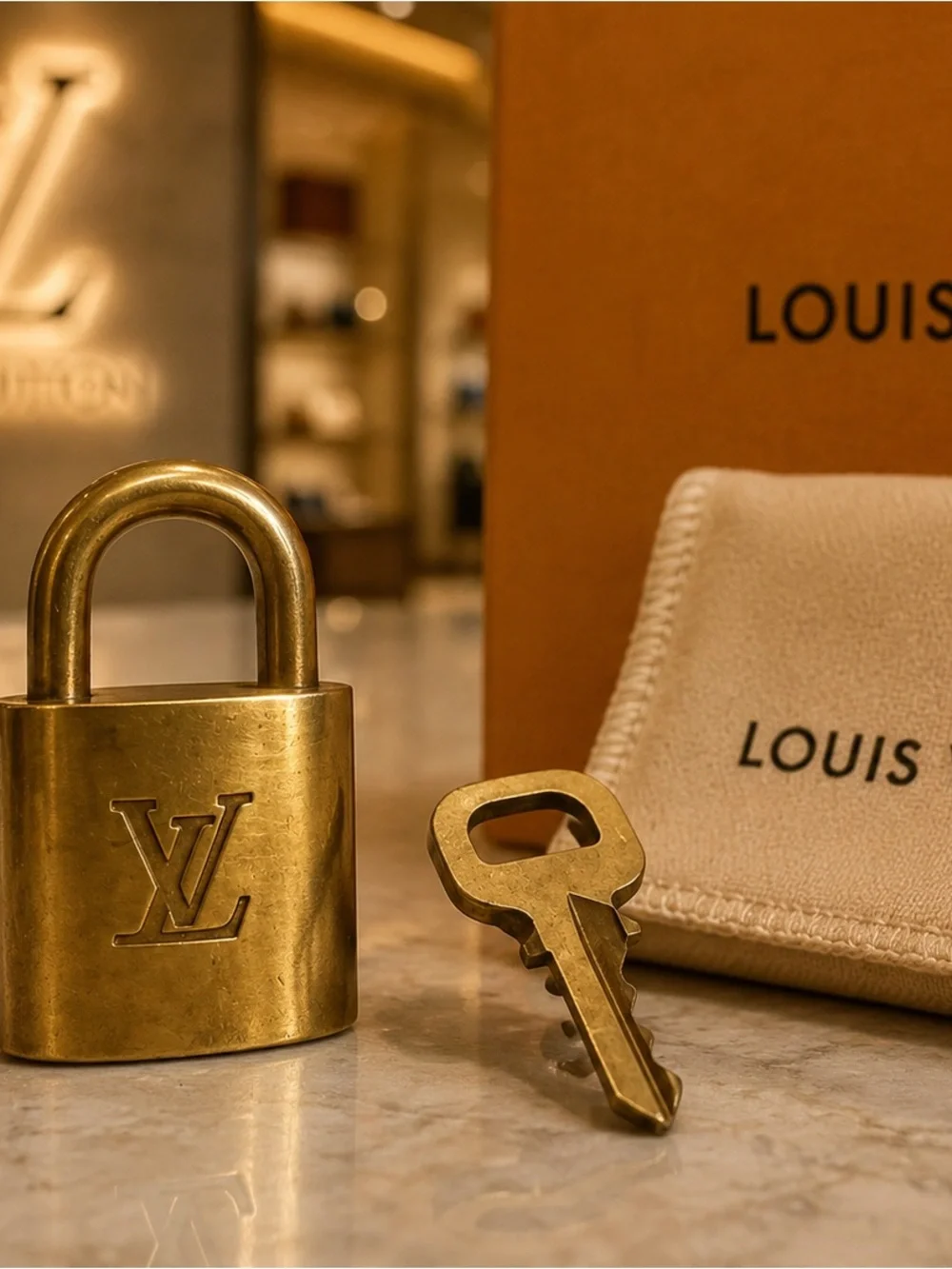 Louis Vuitton Brass Padlock and Key Set - Gold Tone. #318